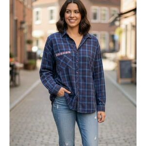 Zara Blue Plaid Blouse Size M Oversized Embellished Beaded Pocket Button Up Boho